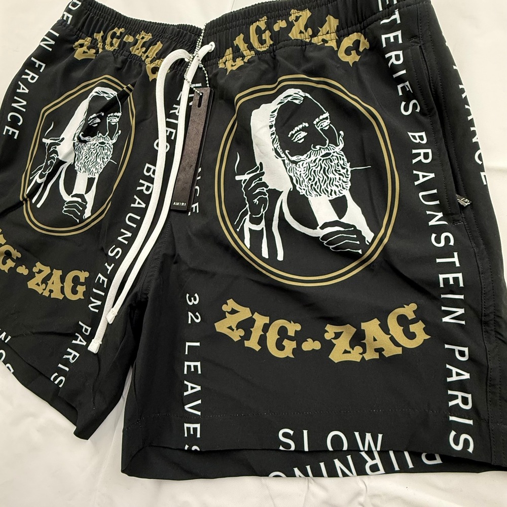 Amiri Zig Zag Swim Trunks Black Mens Large SS22MSB003 Board Shorts NEW
